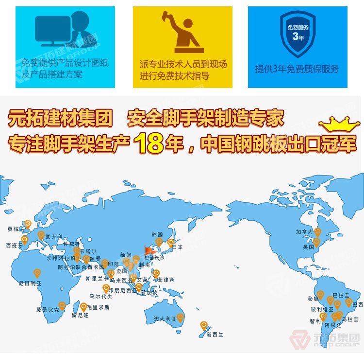 元拓建材集團(tuán)，安全腳手架制造專家！專注腳手架生產(chǎn)18年，中國鋼跳板出口冠軍！